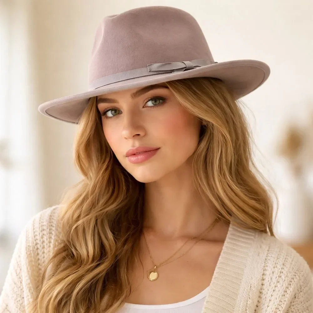 NWT Anthropologie Taupe Wool Fedora Hat Grosgrain Band Wide Brim One Size Womens